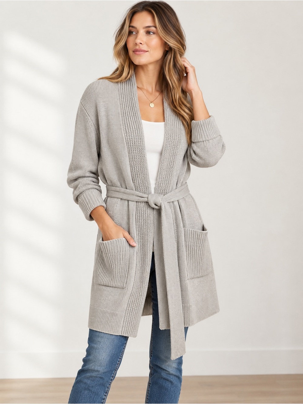 Tory Burch Cashmere Cotton Belted Long Cardigan Sweater Gray Size L